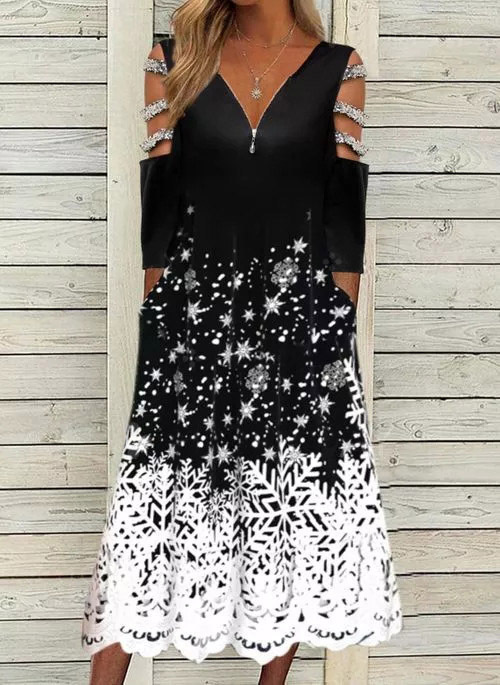 Long Skirt, Three-quarter Sleeves, Zipper Collar, Off-the-shoulder Printed Dress