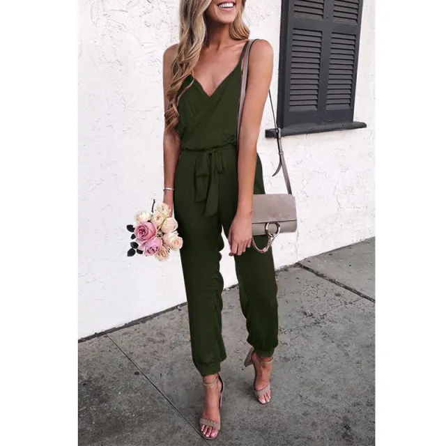 Women Solid Color Suspender Belt Jumpsuit Army Green - Shop at LoveMi