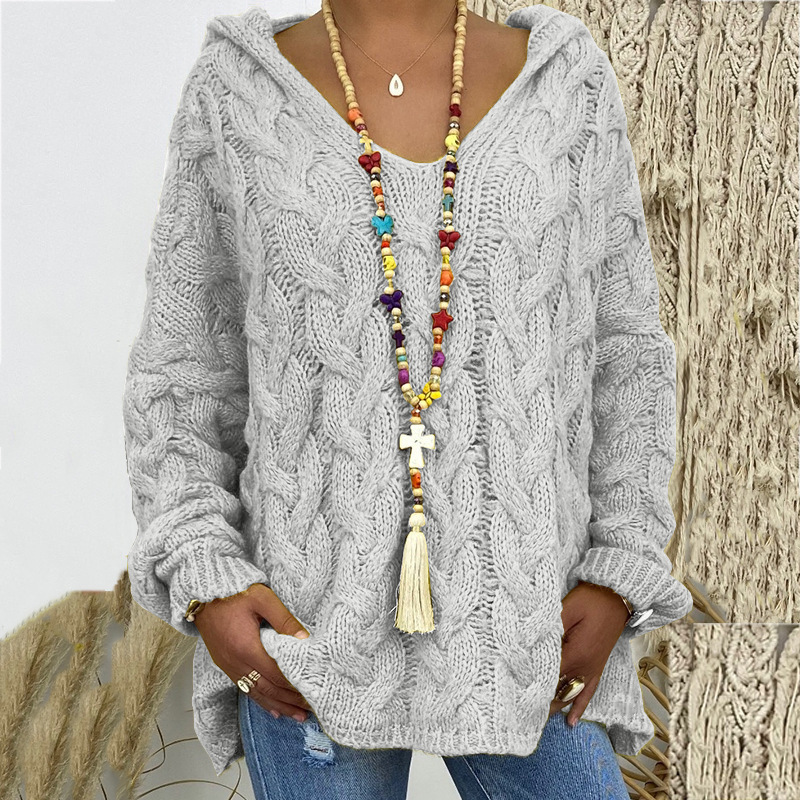 Solid Color Twist Knitted Hoodie Sweater For Women