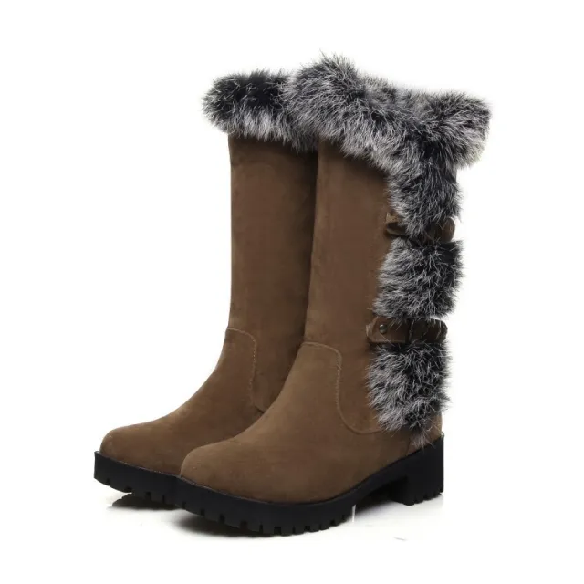 Casual Frosted Medium Boots Low Heel Rabbit Hair Snow Brown - Shop at LoveMi