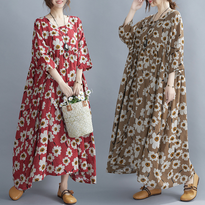 Women's Ethnic Style Large Flower Print Round Neck Loose Dress