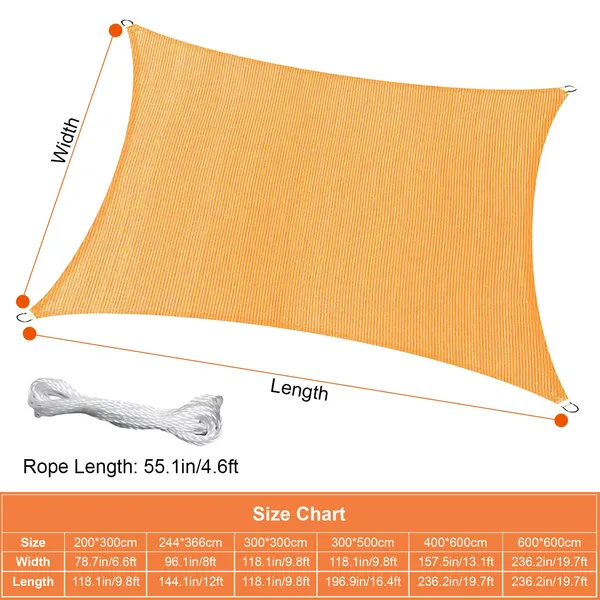 Rectangle Shade Sails Top Canopy 98 UV Block Awning Shelter 185GSM HDPE Patio Cover With Snap Hooks Ropes For Outdoor Garden