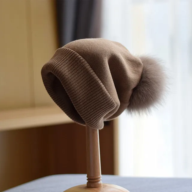 Fox Fur Ball Double layer Warm Padded Knitted Hat Camel - Shop at LoveMi