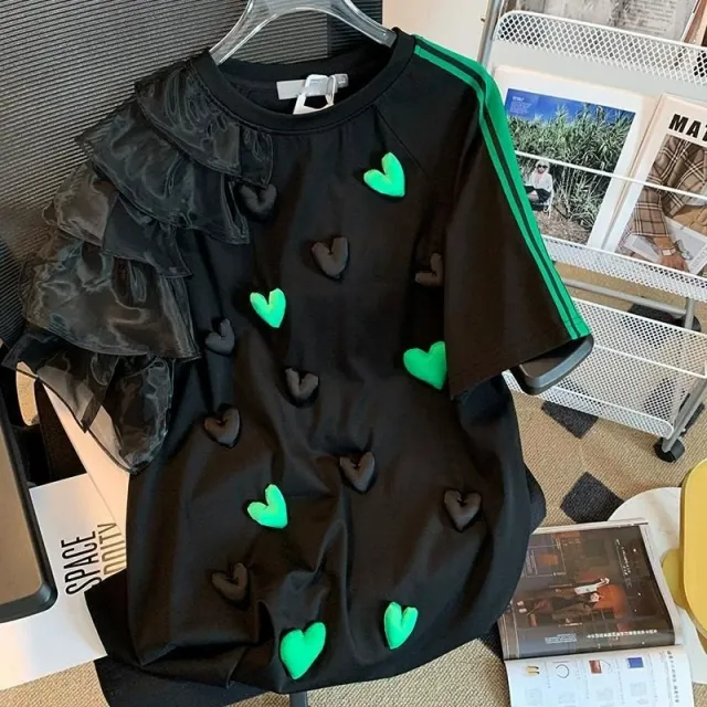 Three dimensional Love Crewneck T shirt Women's Short Sleeve Loose Top With Ruffled Edge Black - Shop at LoveMi