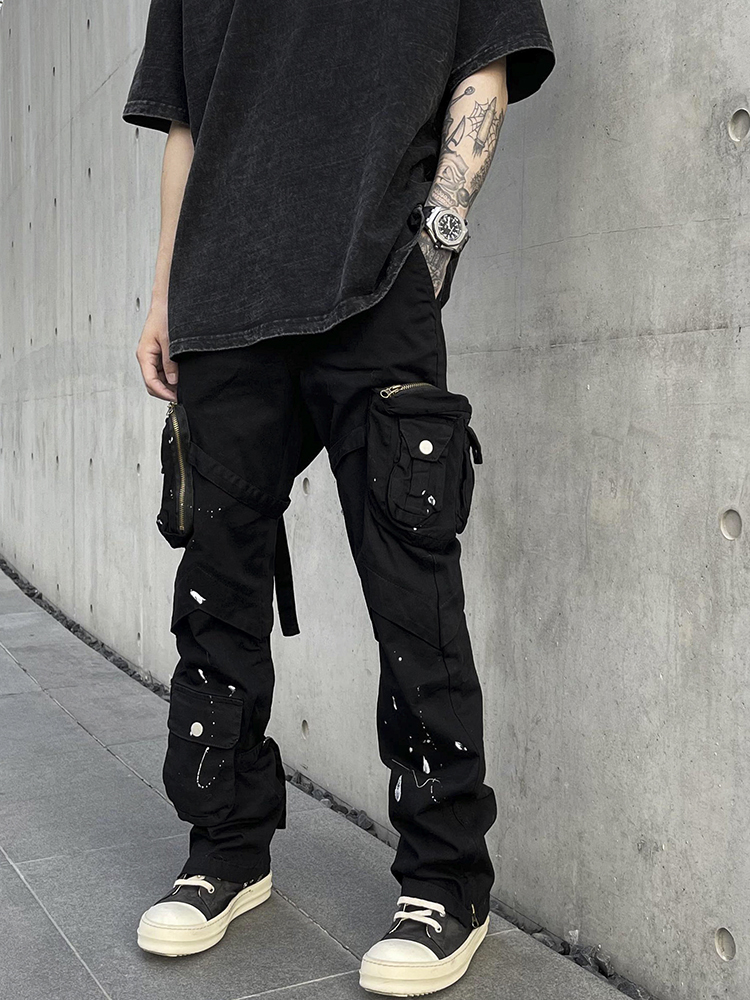 Three-dimensional Cut Micro-flared Overalls With Lace-up Splashed Ink Pockets
