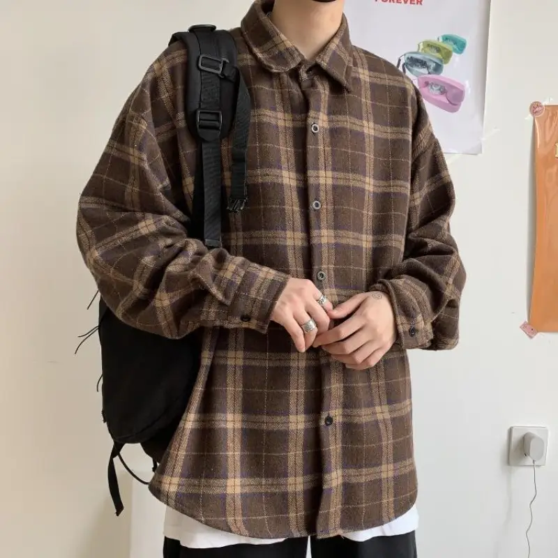 Men's And Women's Retro Loose Woolen Plaid Thickened Casual Long-sleeved Shirt