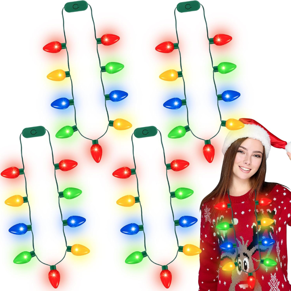 4PCS Christmas LED Light-Up Necklaces, 9 LED Bulbs With 3 Modes, Festive Holiday Party Accessories
