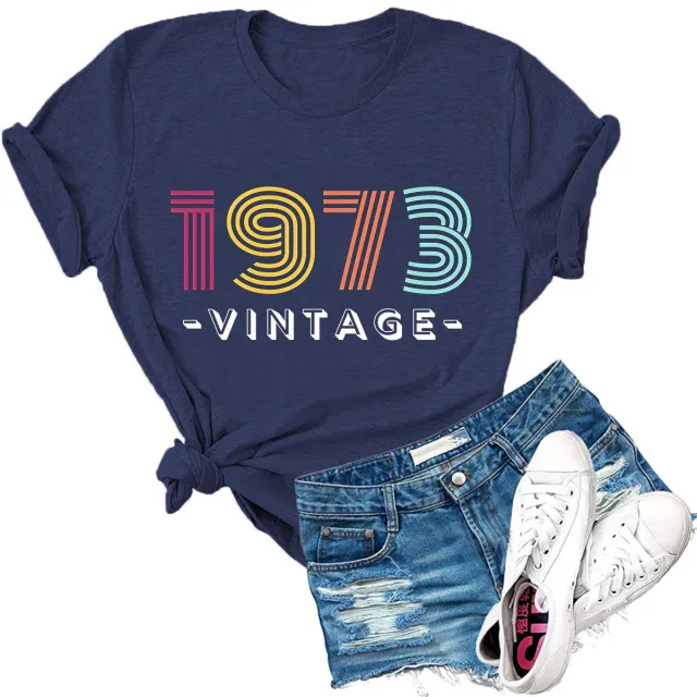 Women's Creative Loose Casual Letter Print 1973 VINTAGE Round Neck Short sleeved T shirt Navy Blue - Shop at LoveMi