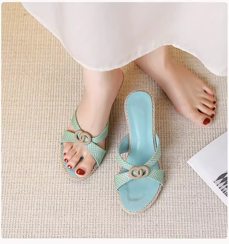 Retro Hollowed Out Roman Woven Sandals For Women's Summer High Heels, New Green Wedge Heel Slippers