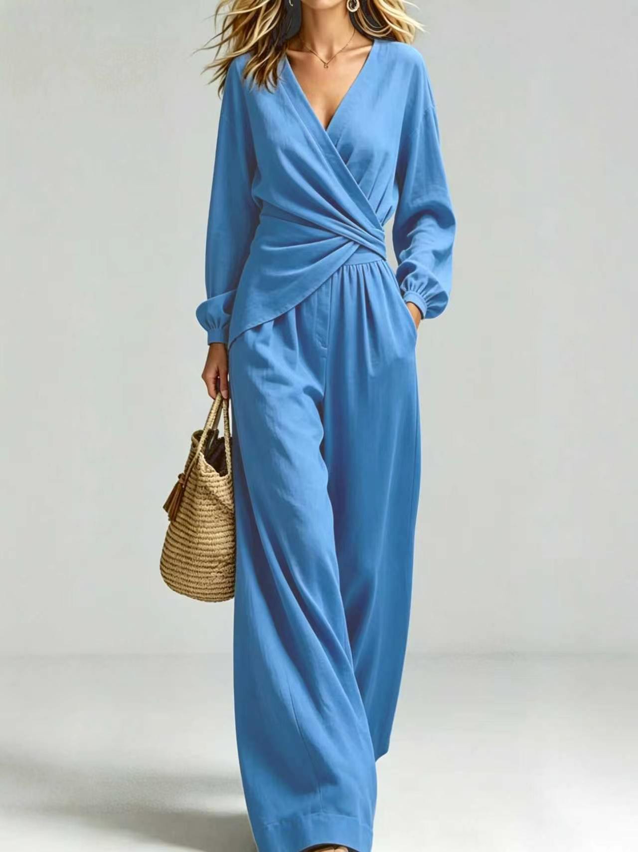Women's 2-Piece Outfit - V-Neck Long Sleeve Wrap Blouse & Wide Leg Pants Set, Elegant Casual Pocketed Matching Set
