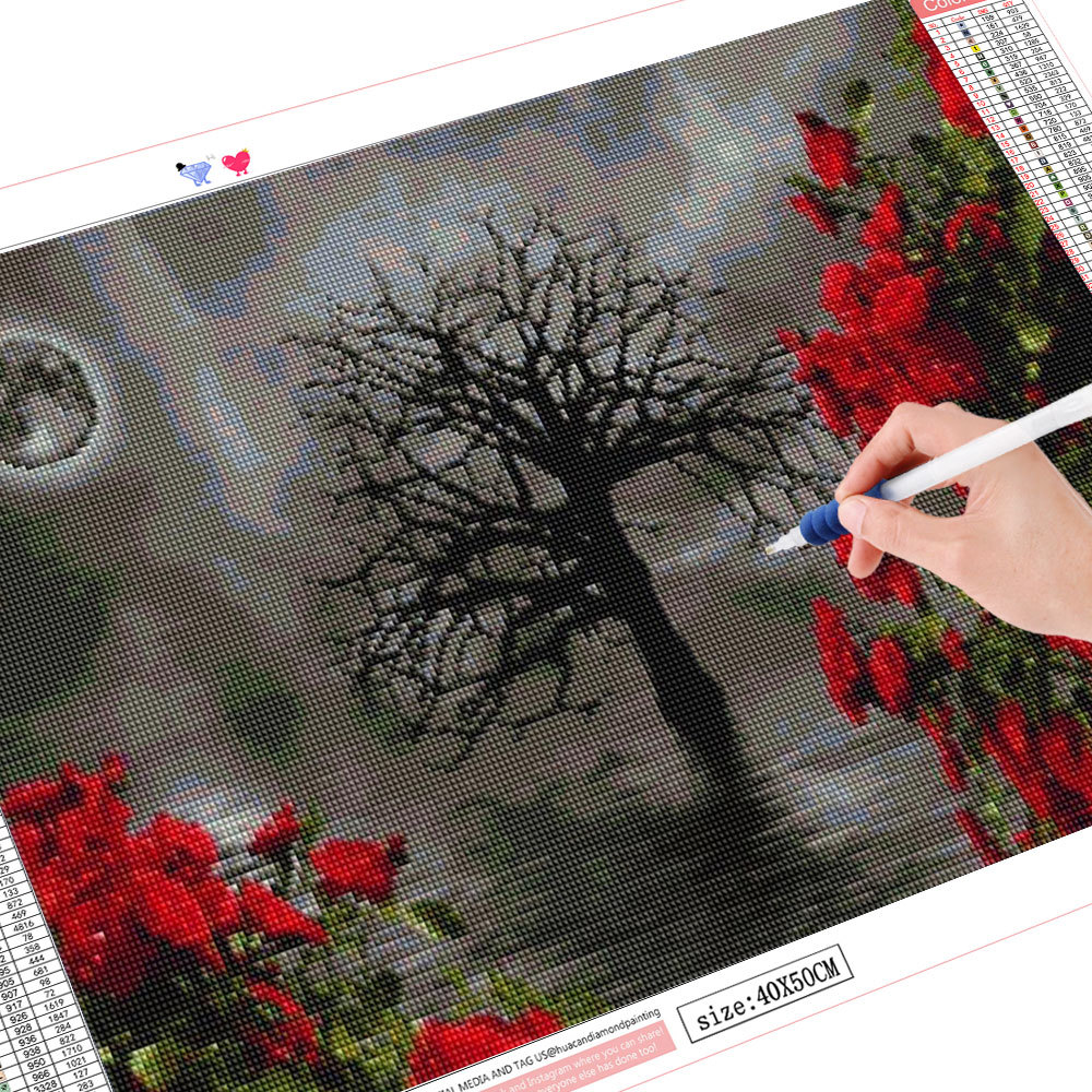Rose Tree Theme Diamond Painting Full 5D Embroidery Landscape Moon Mosaic
