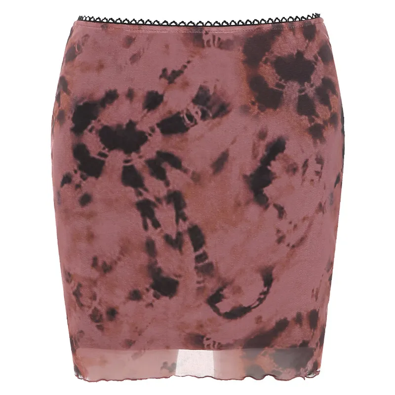 Split Thin Mesh Print Skirt For Women - Wine