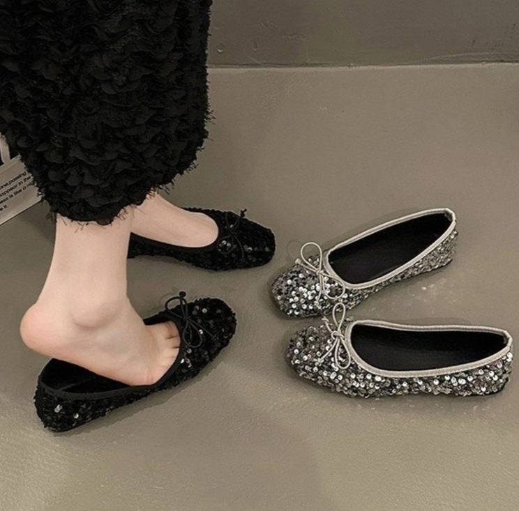 Women's Sequin Flat Versatile Pumps, 2026 Spring & Autumn New Gentle Evening Style Bow Low-Cut Soft Sole Loafers