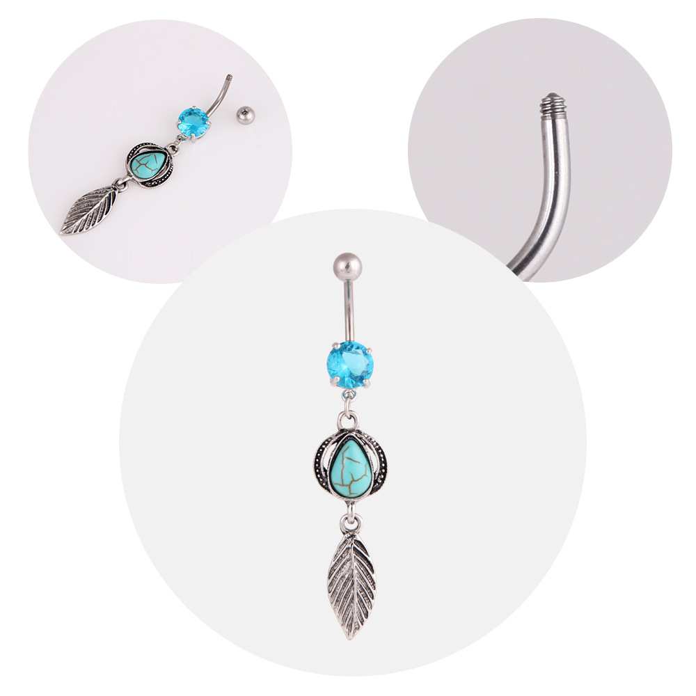 Title 3, Turquoise Water Drop Leaves Belly Button Ring S...