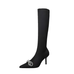 High Heel Rhinestone Sleeve Pointed Long And Short Black Boots - Black - View 1