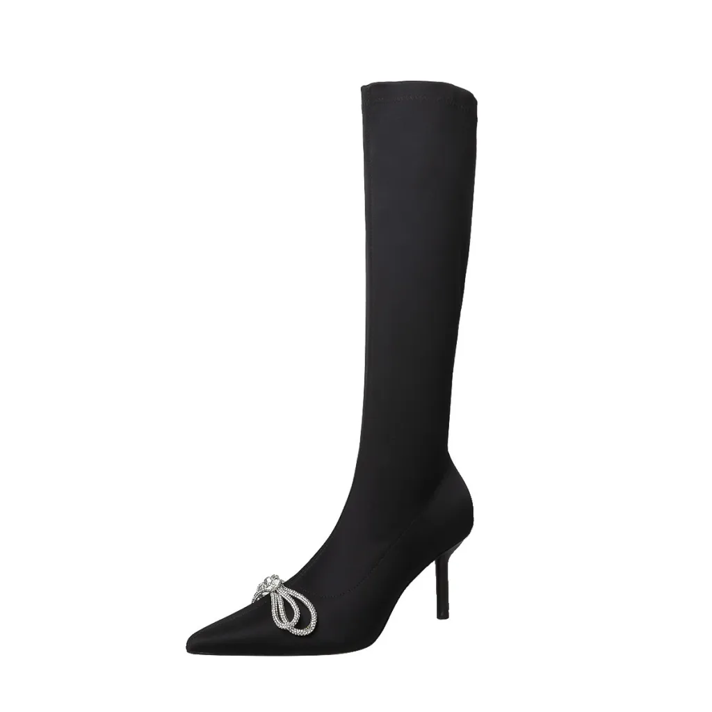 High Heel Rhinestone Sleeve Pointed Long And Short Black Boots - Black