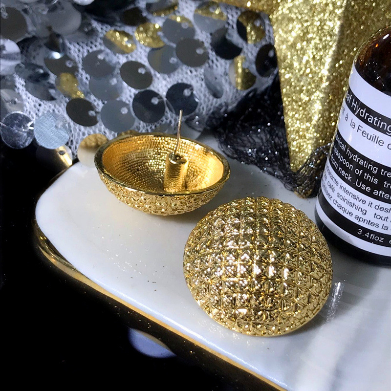 Silver Needle Metal Semicircle Diamond Plaid Large Stud Earrings