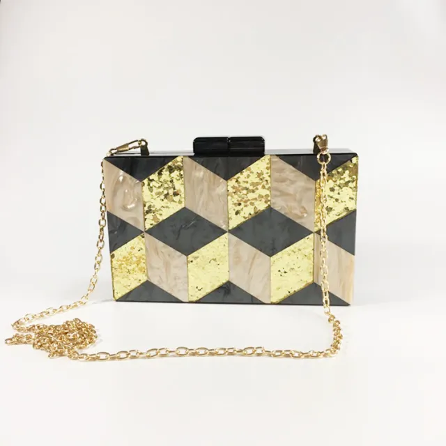 Vintage Sequined Acrylic Evening Bag Geometric Check Panel Clutch Dress Black - Shop at LoveMi