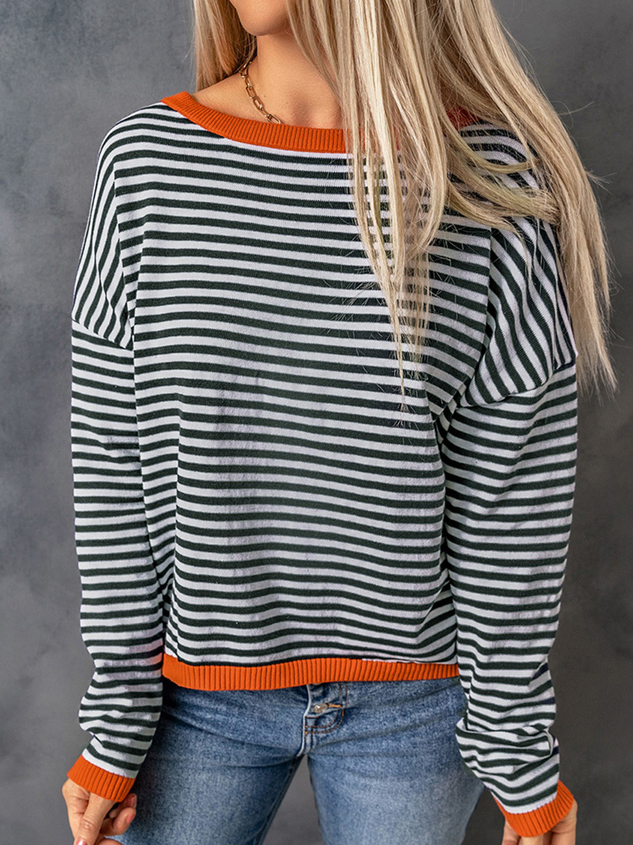 Shiying Contrast Color Trim Striped Off-shoulder Sweater Women's Cross-border Loose All-match Long Sleeve
