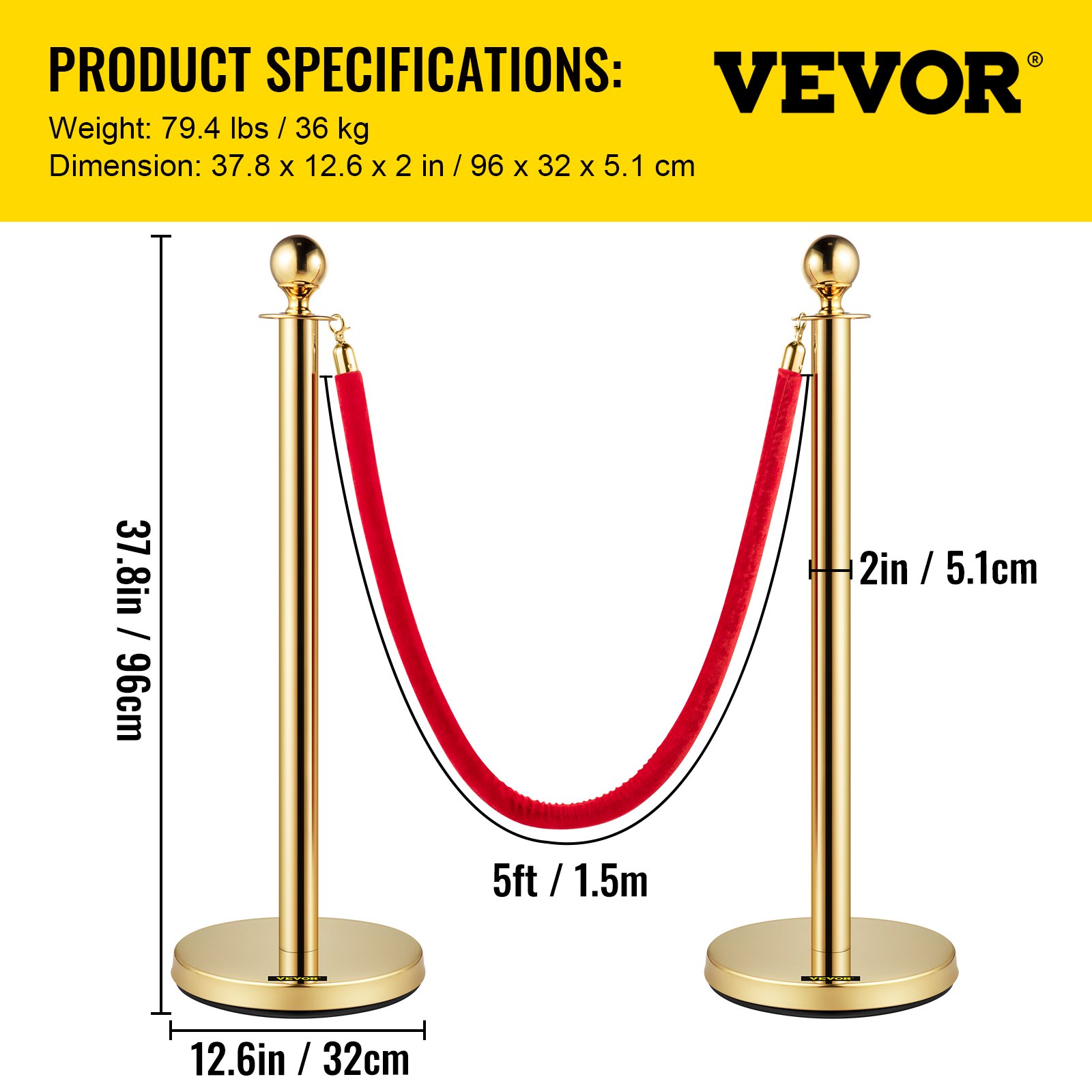 Velvet Ropes And Posts, 5 Ft-1.5 M Red Rope, Stainless Steel Gold Stanchion With Ball Top, Red Crowd Control Barrier Used For Theaters, Party, Wedding, Exhibition, Ticket Offices Pack Sets -6