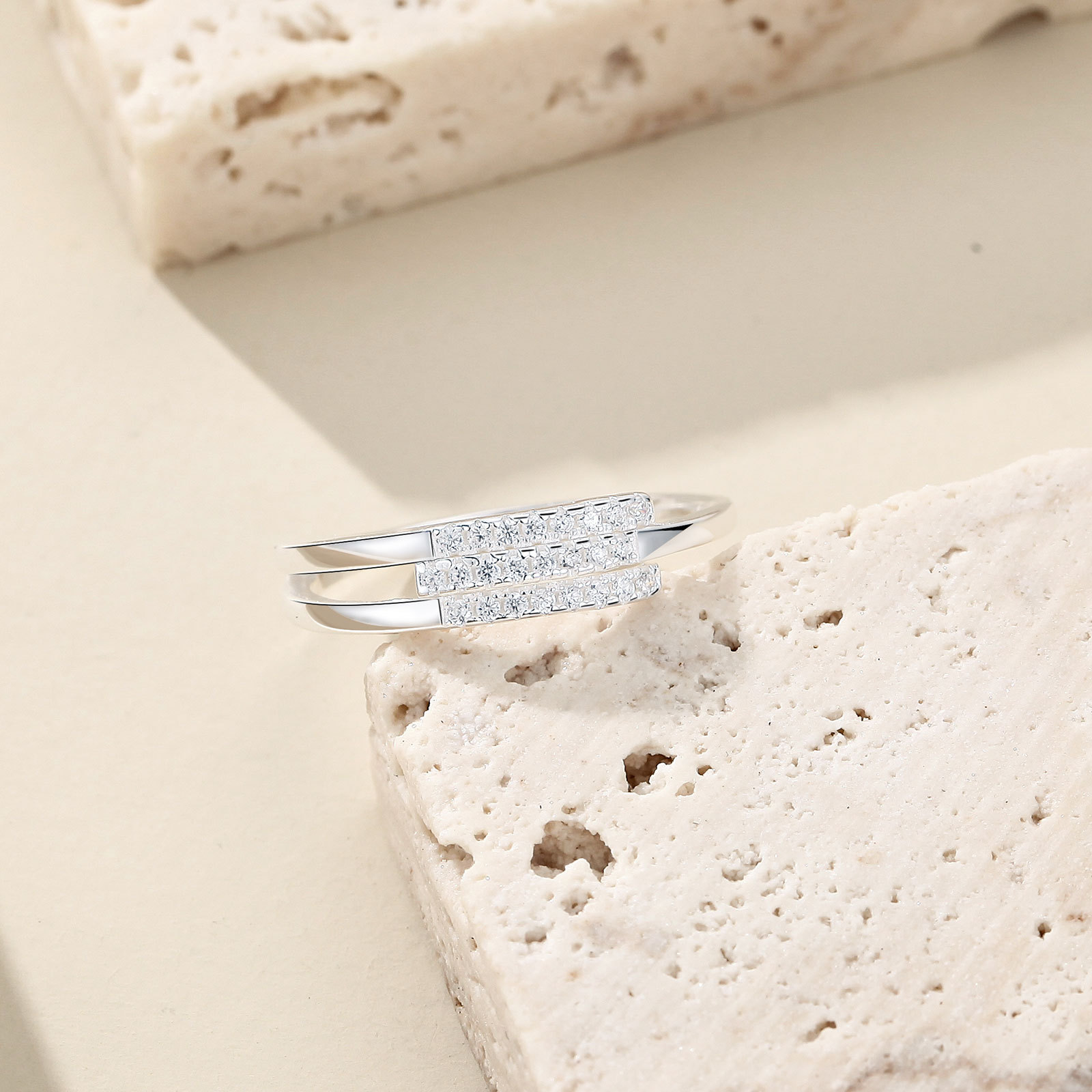 S999 Sterling Silver Three-layer Zircon Ring Cold Style Adjustable Women Band