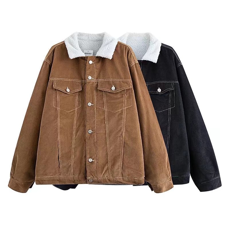 New Lambswool Loose Retro Lamp Wick Cotton-padded Jacket Workwear Button Coat Winter
