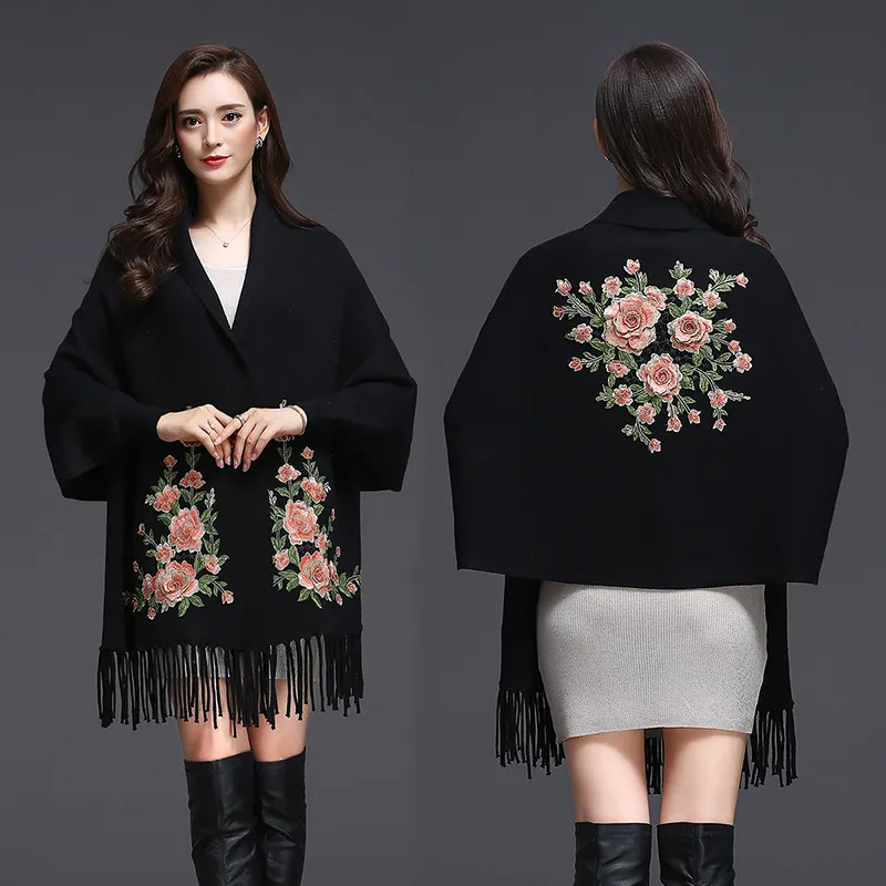 Shawl Women Embroidered Outer Cape Cloak Thick Sweater Coat - Black