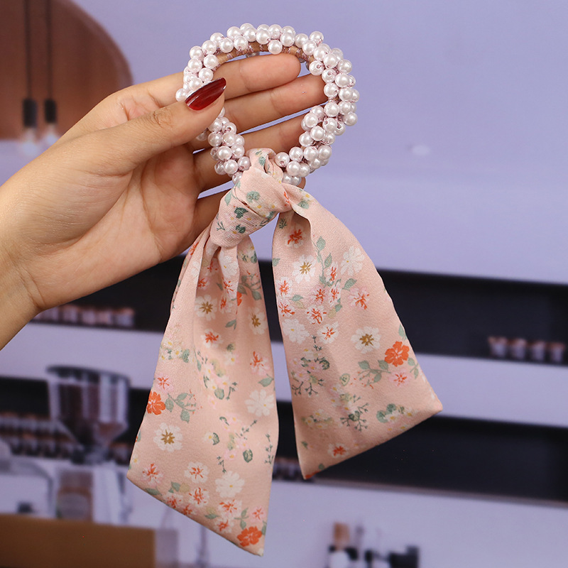 Pearl Streamer, Bowknot, Hair Rope, Retro Headdress, Female Tying Hair, Hair Accessories Small Floral Pink - Shop at LoveMi