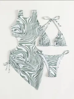 Bikini Three-piece European And American Plant Flower Print Swimsuit - Green - View 1