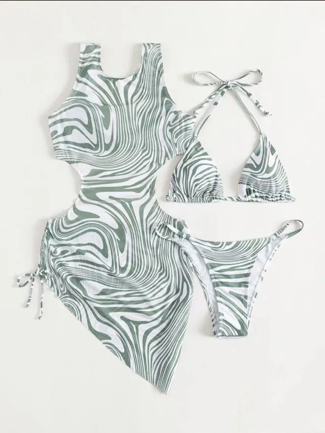 Bikini Three piece European And American Plant Flower Print Swimsuit Green - Shop at LoveMi