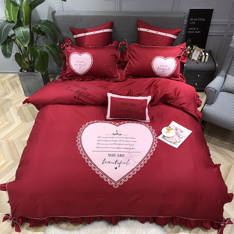 European Style Wedding Four-piece Full Cotton Pure Cotton Red Embroidery — image 1