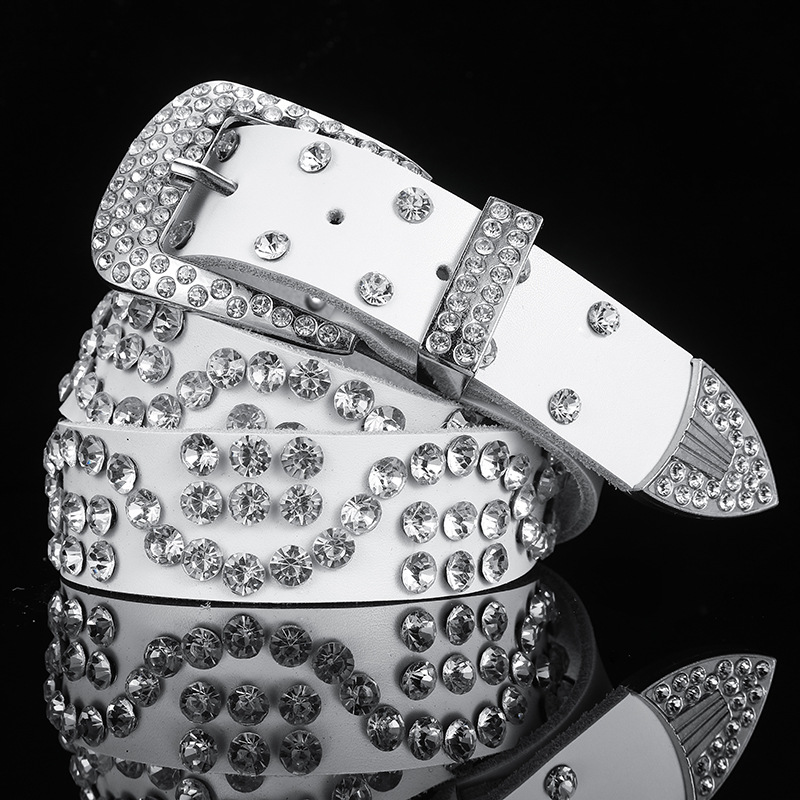 White Women's Leather Belt With Diamonds
