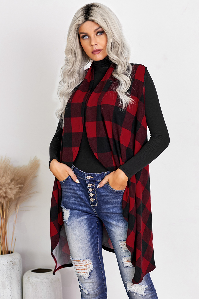 Casual Slim-fit Sleeveless Checked Sweater Coat