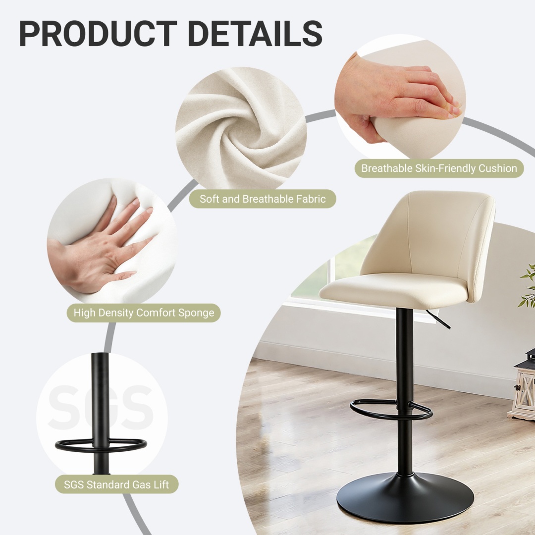 Swivel Bar Stools Upholstered Adjustable Barstools Counter Heigh For Bar, Dining Room, Set Of 1, Beige image 30