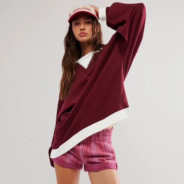 Fashion Color matching Pullover Sweatshirt Street Casual Loose Lantern Sleeve Tops Sports Womens Clothing Wine - Shop at LoveMi