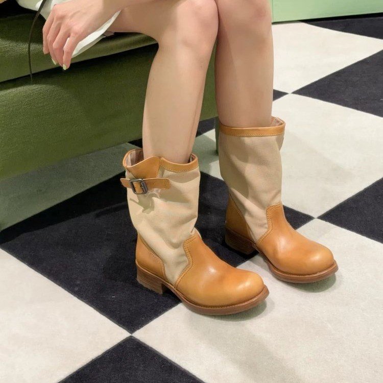 Pile Up Boots, Retro Martin Boots, Women's Genuine Leather Midsole Boots, Thick Heel, Thick Soled Knight Boots