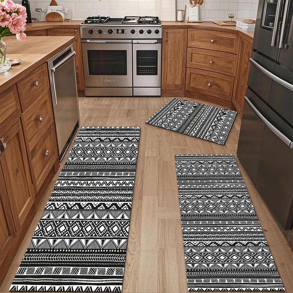 Black And White Geometric Ethnic Style Kitchen Carpet Three-piece Set Fashionable And Cool Artistic Sense Full Of Anti-skid And Stain Resistance Can Also Create A Kitchen Advanced Atmosphere Cashmere- 3