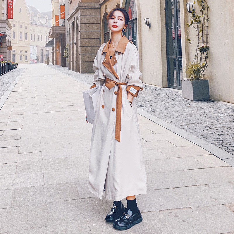 Women's Contrast Stitching Long Over-the-knee Casual Coat