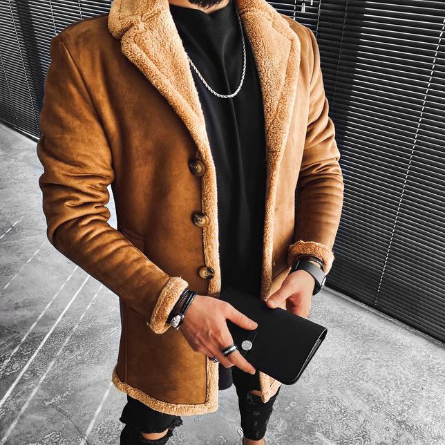 جاكيت فليس غامق للرجال مع جلد غزال مثبت وكثيف