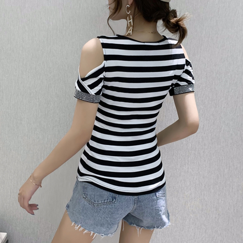T-shirt sexy off shoulder shiny v-neck diamond