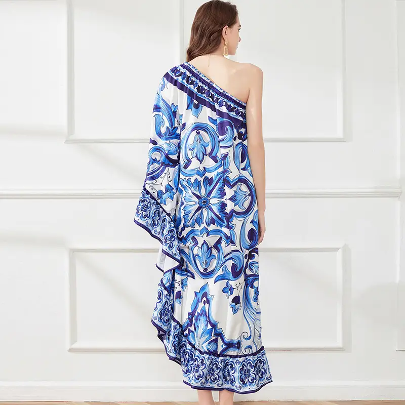 Asymmetrical Design Diagonal Shoulder Print Loose Dress