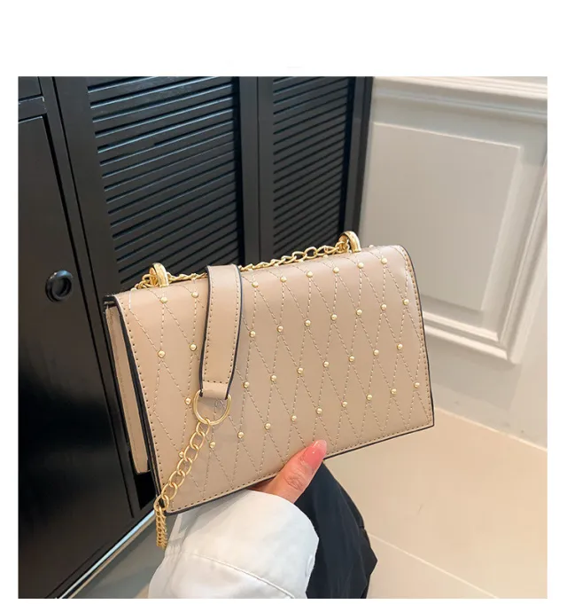 Design Fashion Diamond Chain Shoulder Messenger Bag Khaki - Shop at LoveMi
