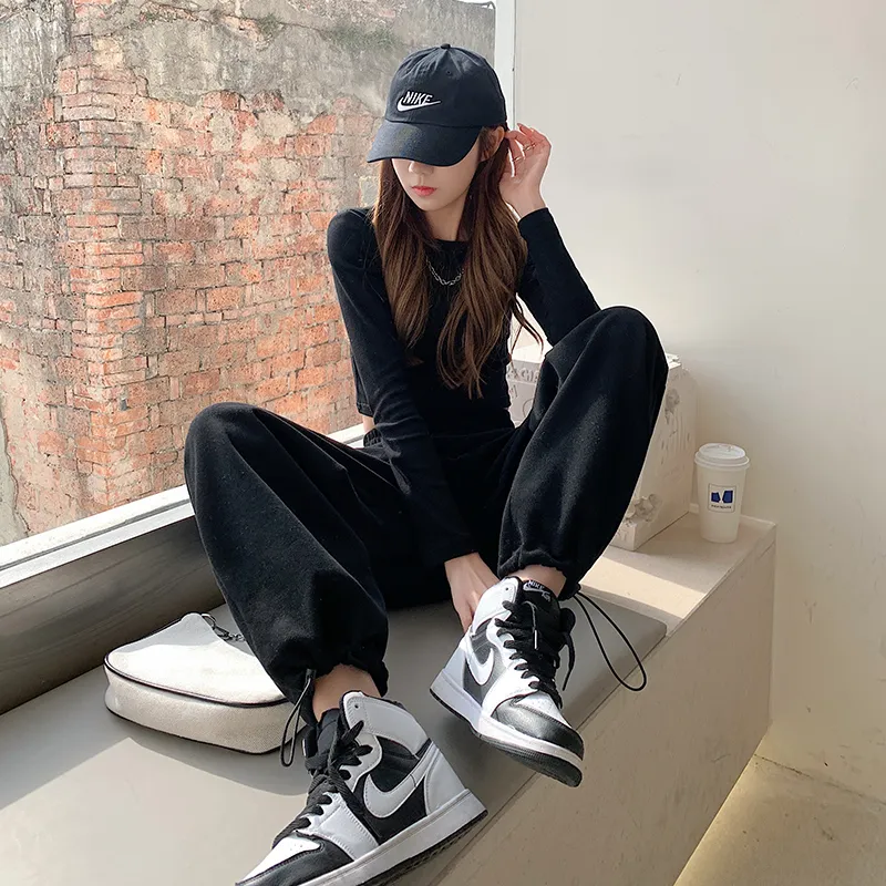 Women's Fashion Casual Loose Skinny Sweatpants - Black Longer