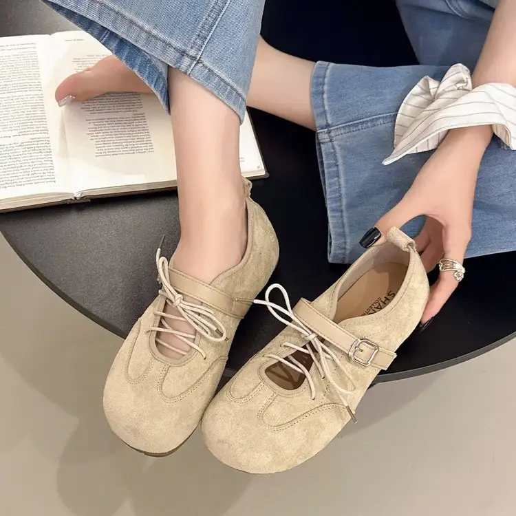 Women Round Toe Hollow Cut Out Lace Up Flats, Dual Strap Suede Soft Sole Casual Walking Shoes Daily Outdoor Loafers