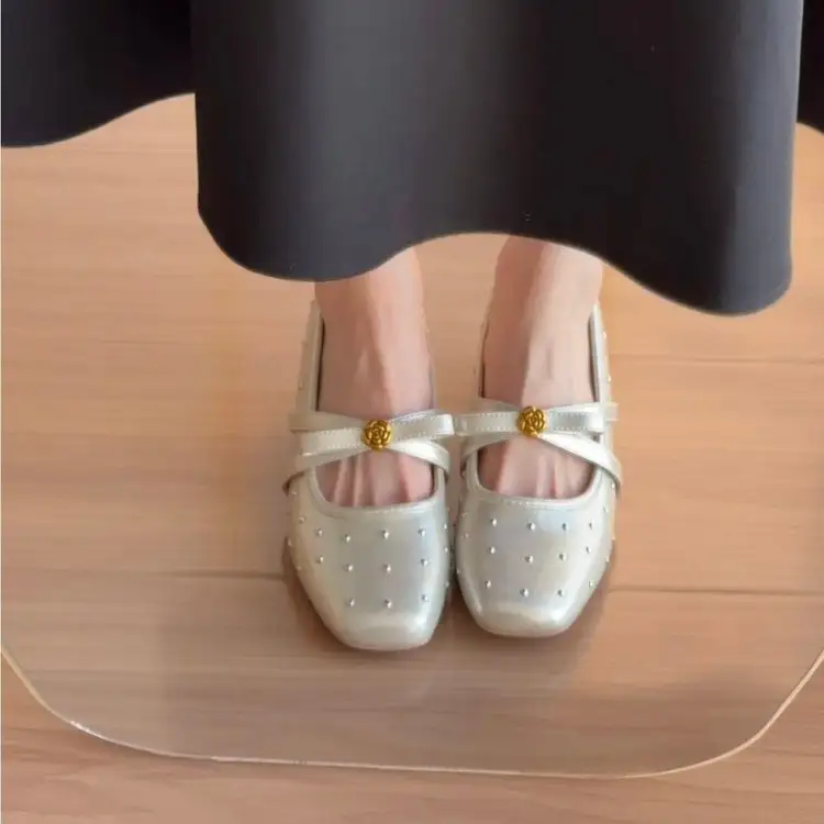 Camellia Cross Strap Flat Shoes For Women, New 2026 Rich Style Rhinestone Square Toe Mary Jane Shoes