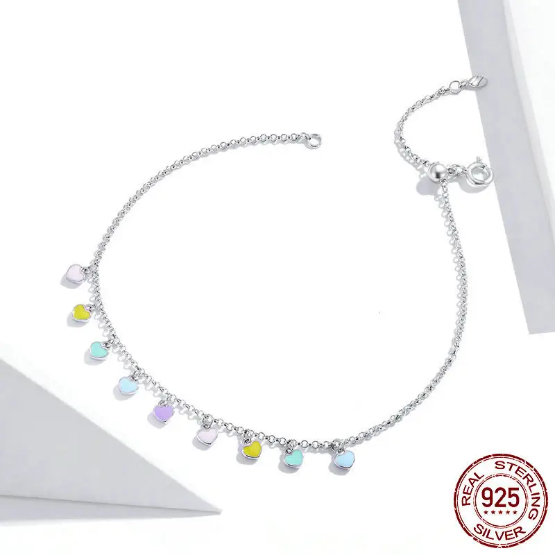 Women's Fashion Rainbow Heart Silver Anklet