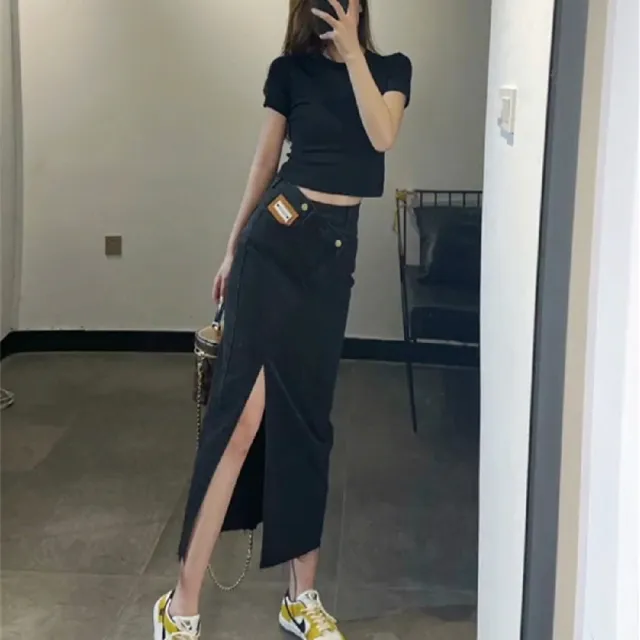 Women's Design Slanted Slit Denim Skirt High Waist Black - Shop at LoveMi