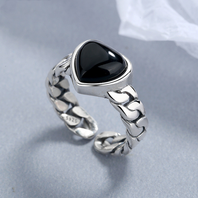 925 Sterling Silver Love Heart Black Agate Ring