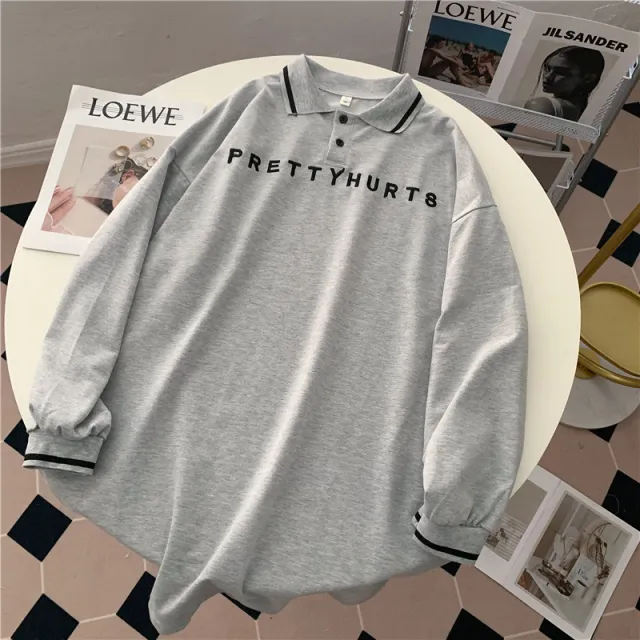 Polo Lapel Letter Embroidered Long sleeved Sweater For Women Grey - Shop at LoveMi