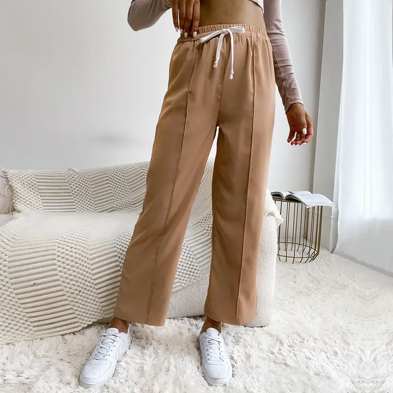 Brown Pants Women's Solid Color Drawstring Casual High-waisted Wide-leg Pants